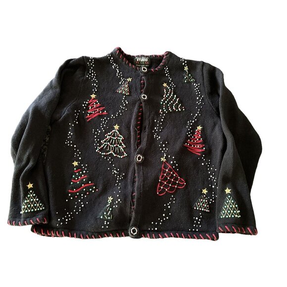 Designers Originals Studio FaLaLa Holiday Cardigan P/M Beaded Sweater Black READ - Picture 1 of 8